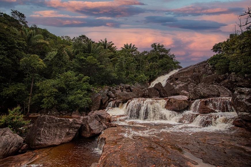 Pôr do sol sobre o lavrado de Roraima, com buritis e serras ao fundo